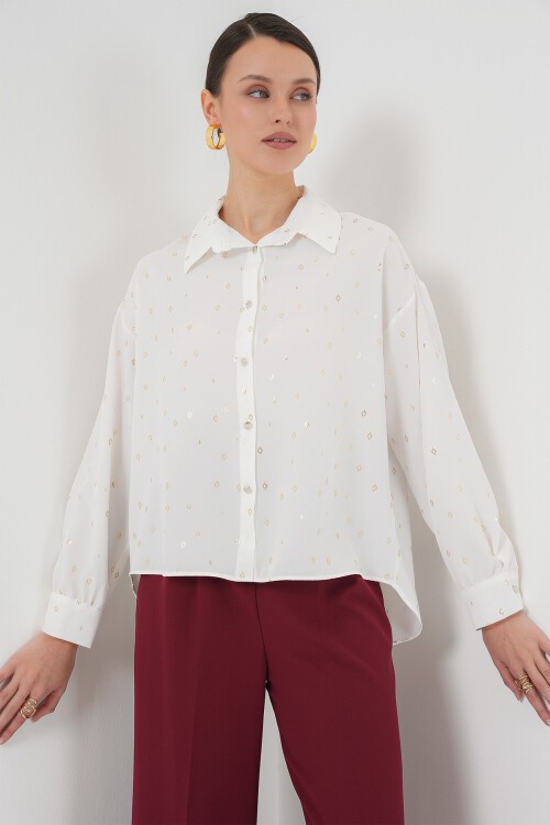 Merterium 5924 Kadın Gold Desenli Gömlek - B.Beyaz