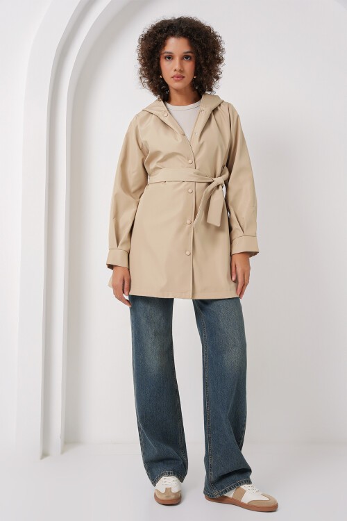 Merterium 5934 Kapüşonlu Trençkot - Bej