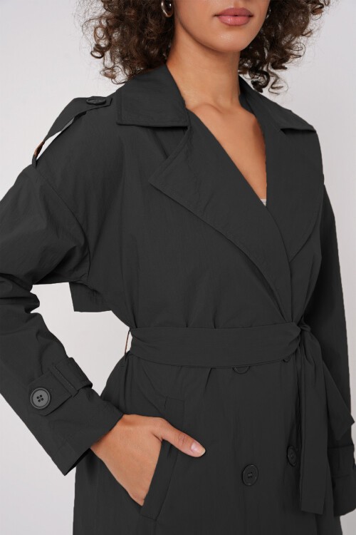 Merterium 5936 Kruvaze Yaka Trençkot - Siyah