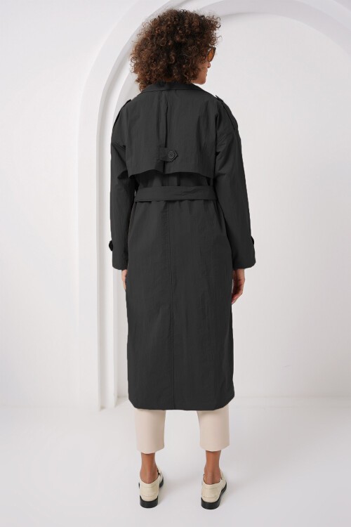 Merterium 5936 Kruvaze Yaka Trençkot - Siyah