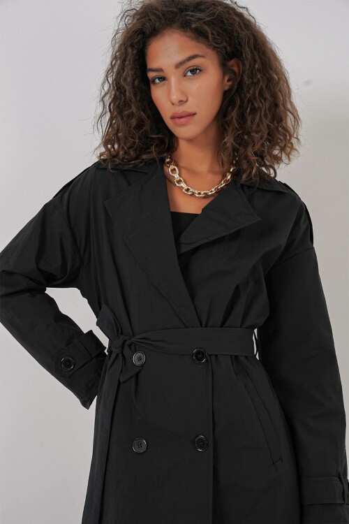 Merterium 5936 Kruvaze Yaka Trençkot - Siyah