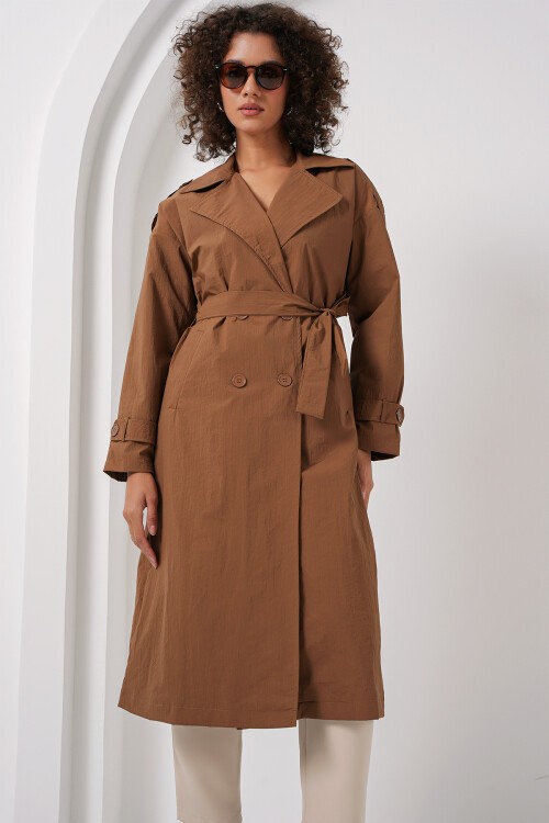 Merterium 5936 Kruvaze Yaka Trençkot - Taba