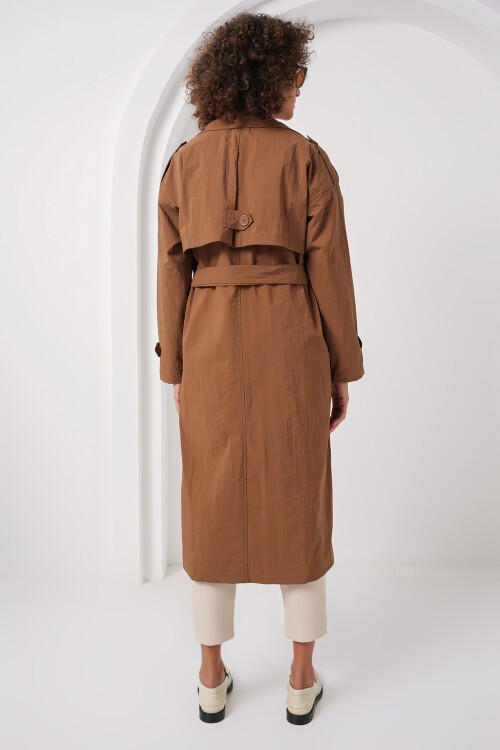 Merterium 5936 Kruvaze Yaka Trençkot - Taba