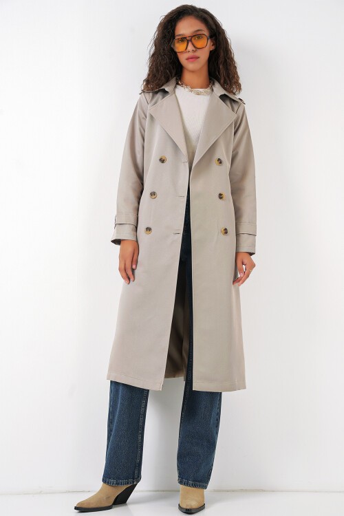 Merterium 5940 Kadın Kruvaze Yaka Uzun Trençkot - Taş