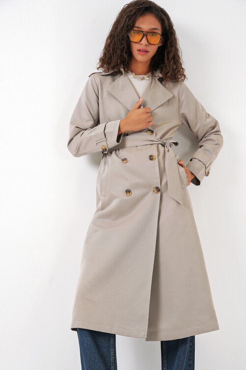 Merterium 5940 Kadın Kruvaze Yaka Uzun Trençkot - Taş