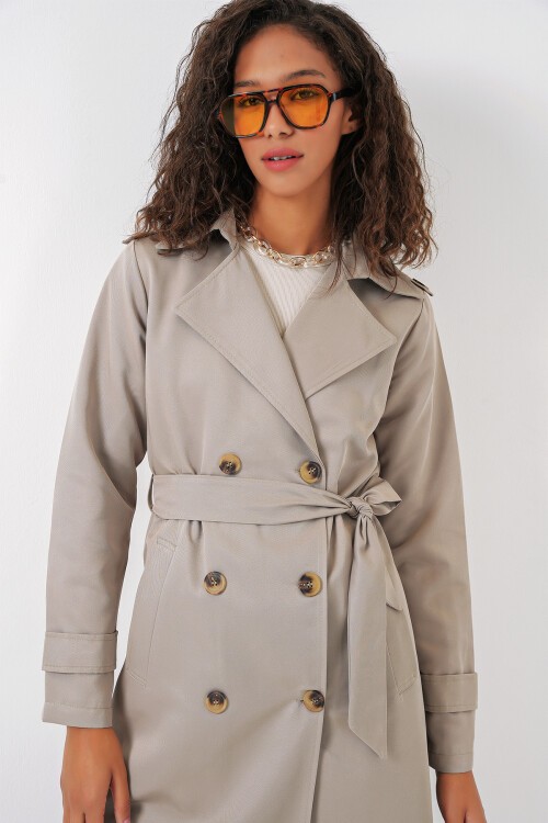 Merterium 5940 Kadın Kruvaze Yaka Uzun Trençkot - Taş