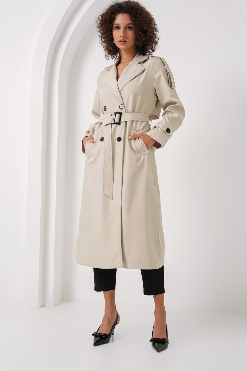 Merterium 5941 Kruvaze Yaka Uzun Trençkot - Taş