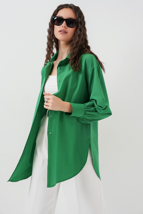 Merterium 5946 Oversize Uzun Gömlek Tunik - Yeşil