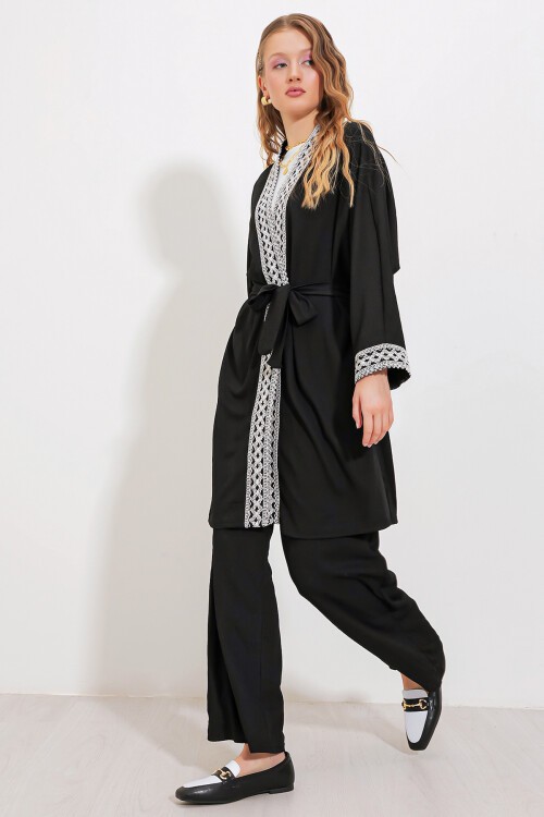 Merterium 6643 Örme Kimono Takım - Siyah