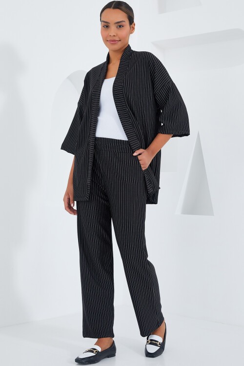 Merterium 6661 Kadın Çizgili Kimono İkili Takım - Siyah