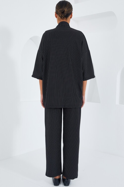 Merterium 6661 Kadın Çizgili Kimono İkili Takım - Siyah