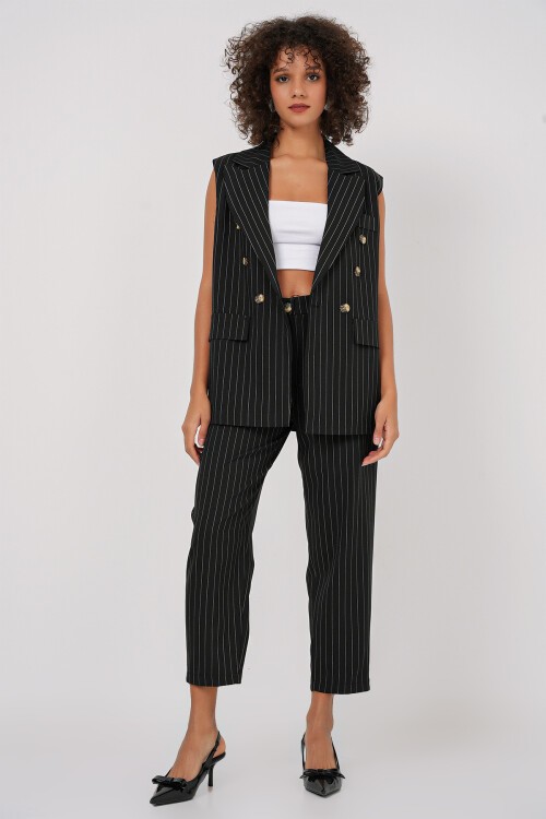 Merterium 6675 Kruvaze Yelek Pantolon İkili Takım - Siyah