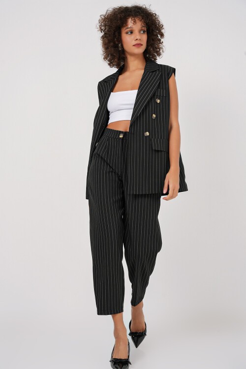 Merterium 6675 Kruvaze Yelek Pantolon İkili Takım - Siyah