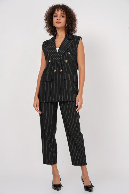 Merterium 6675 Kruvaze Yelek Pantolon İkili Takım - Siyah