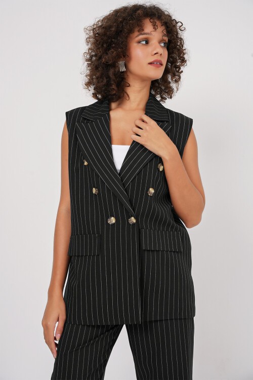 Merterium 6675 Kruvaze Yelek Pantolon İkili Takım - Siyah