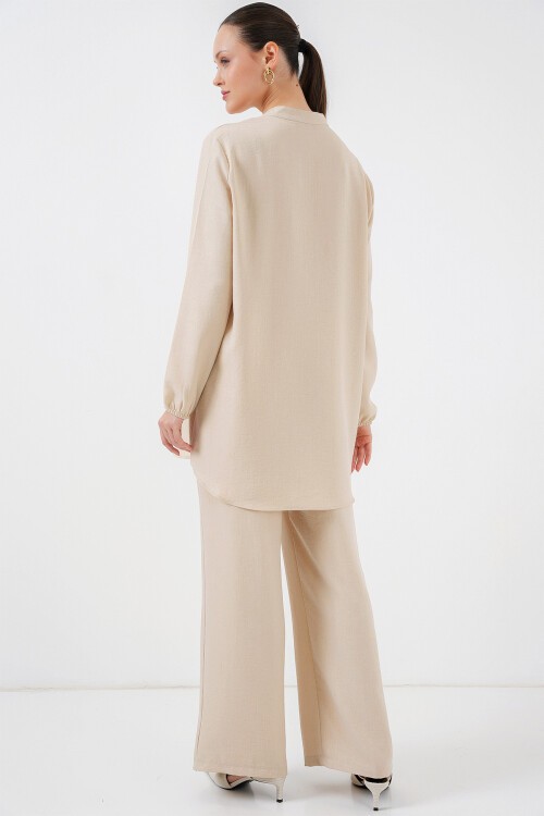Merterium 6678 Keten Tunik Pantolon İkili Takım - Bej