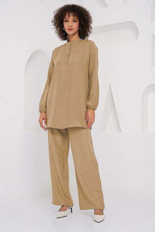 Merterium 6678 Keten Tunik Pantolon İkili Takım - Bisküvi