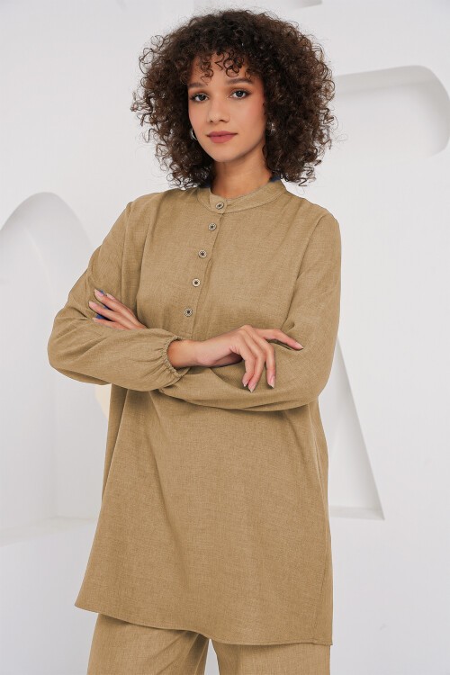 Merterium 6678 Keten Tunik Pantolon İkili Takım - Bisküvi