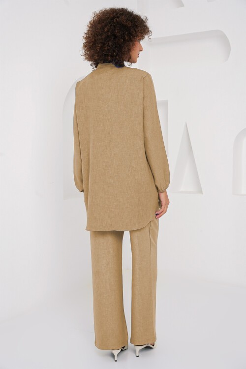 Merterium 6678 Keten Tunik Pantolon İkili Takım - Bisküvi