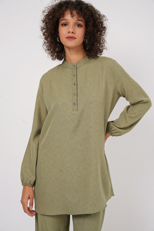 Merterium 6678 Keten Tunik Pantolon İkili Takım - Çağla