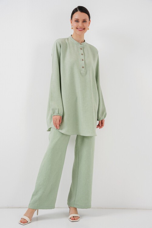 Merterium 6678 Keten Tunik Pantolon İkili Takım - E.Yeşil
