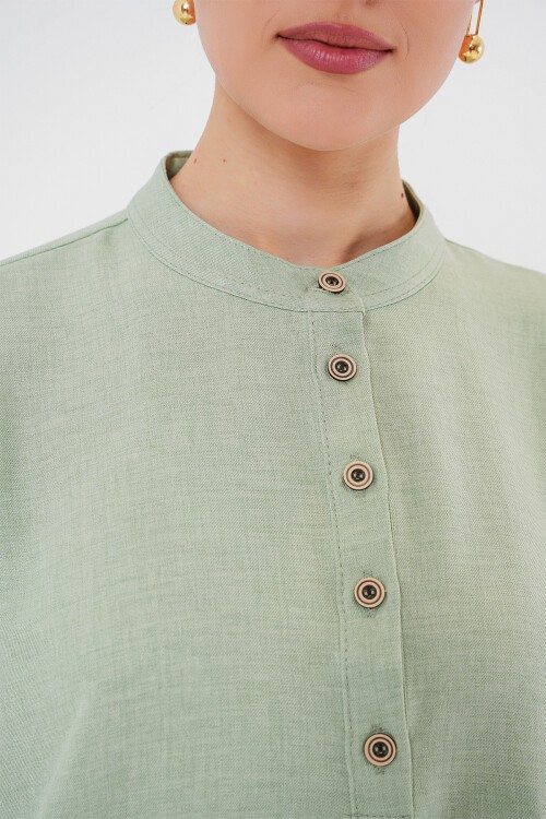 Merterium 6678 Keten Tunik Pantolon İkili Takım - E.Yeşil