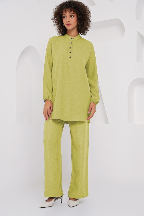 Merterium 6678 Keten Tunik Pantolon İkili Takım - G.Yeşil