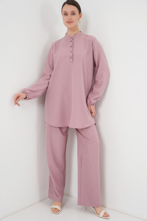 Merterium 6678 Keten Tunik Pantolon İkili Takım - Gül Kurusu