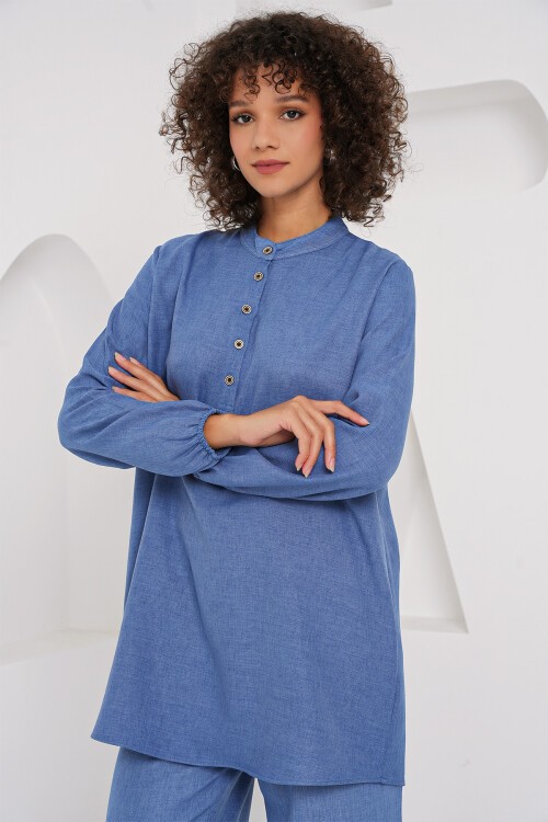 Merterium 6678 Keten Tunik Pantolon İkili Takım - İndigo