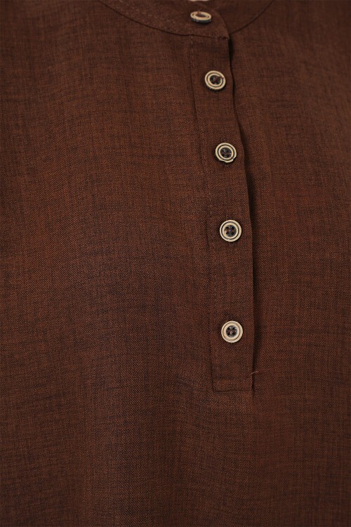 Merterium 6678 Keten Tunik Pantolon İkili Takım - Kahverengi