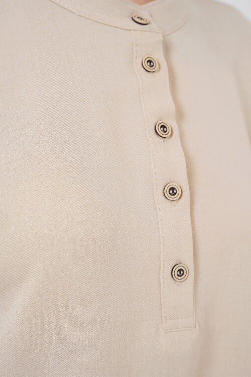 Merterium 6678 Keten Tunik Pantolon İkili Takım - Krem