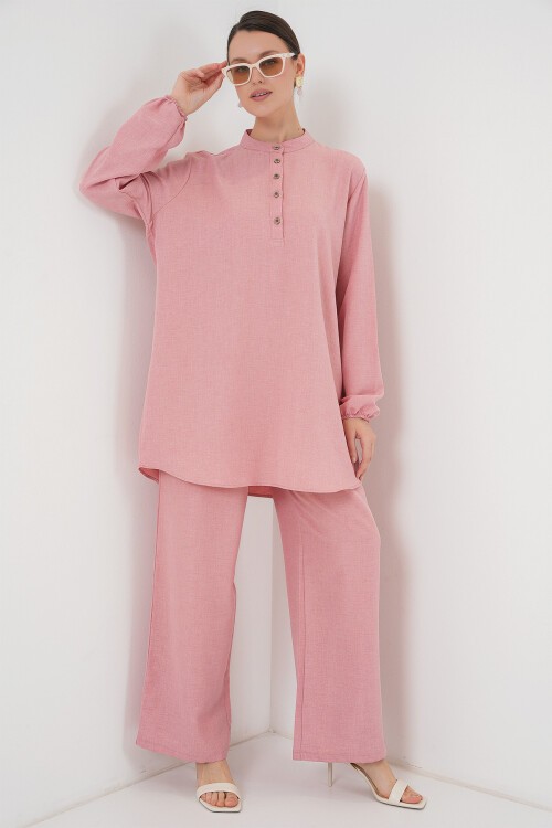 Merterium 6678 Keten Tunik Pantolon İkili Takım - Pembe