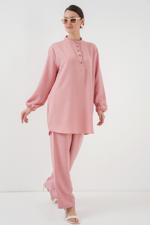Merterium 6678 Keten Tunik Pantolon İkili Takım - Pembe