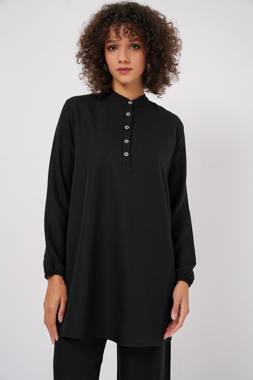 Merterium 6678 Keten Tunik Pantolon İkili Takım - Siyah