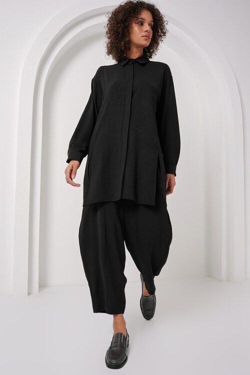 Merterium 6679 Uzun Tunik Pantolon İkili Takım - Siyah