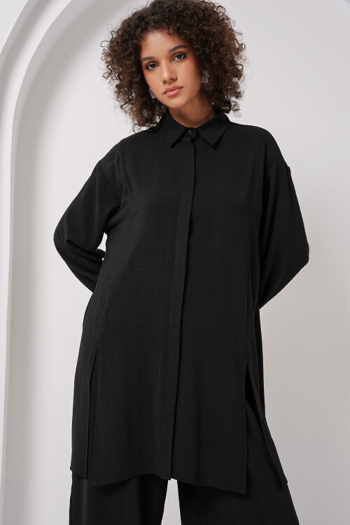 Merterium 6679 Uzun Tunik Pantolon İkili Takım - Siyah