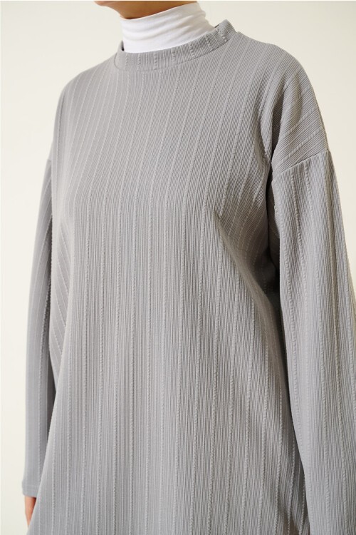 Merterium 6681 Bisiklet Yaka Tunik Pantolon İkili Takım - Gri