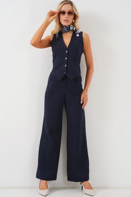 Merterium 6709 Kadın Yelek Pantolon İkili Takım - Lacivert