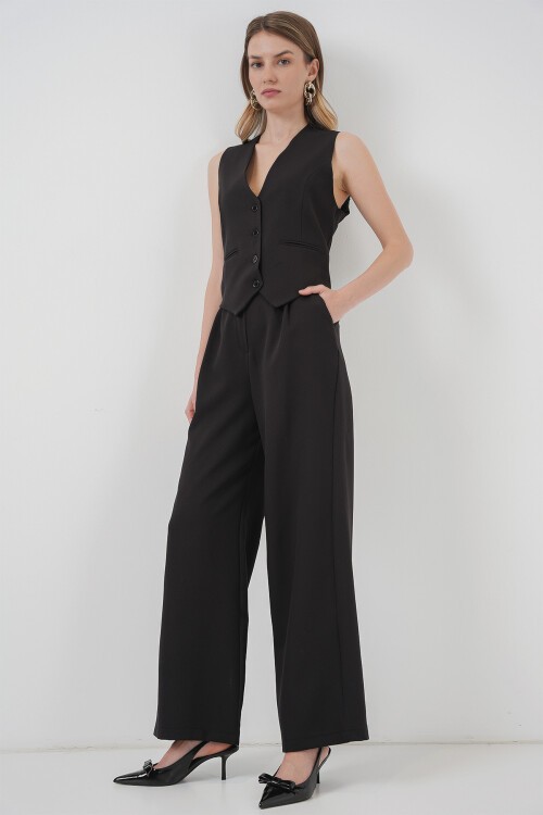 Merterium 6709 Kadın Yelek Pantolon İkili Takım - Siyah