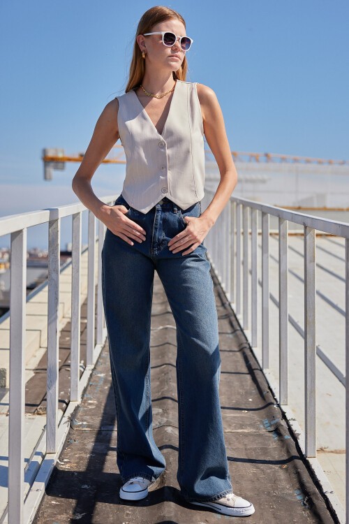 Merterium 6794 Çizgili Dokuma Yelek - Bej