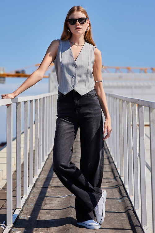 Merterium 6794 Çizgili Dokuma Yelek - Gri