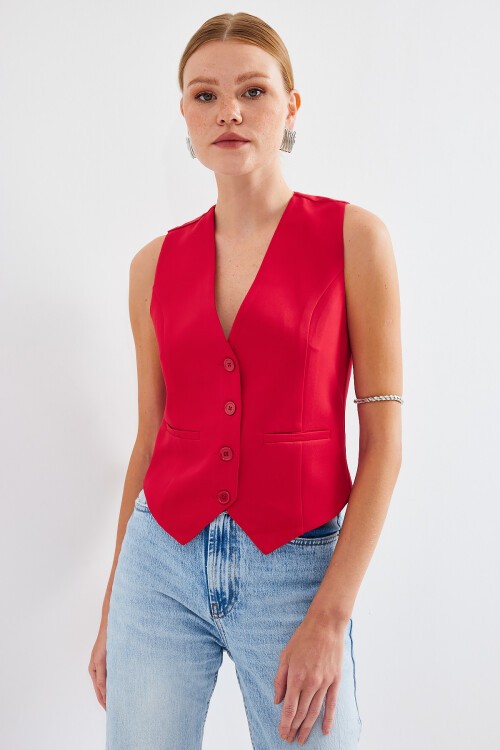 Merterium 6796 Kısa Dokuma Yelek - Kırmızı