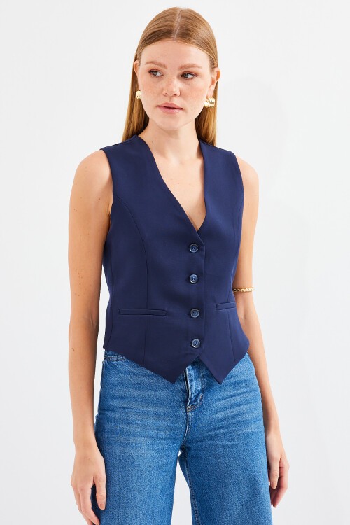 Merterium 6796 Kısa Dokuma Yelek - Lacivert