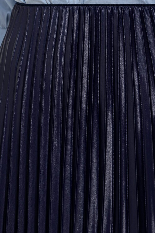 8009 Deri Görünümlü Piliseli Etek - Lacivert