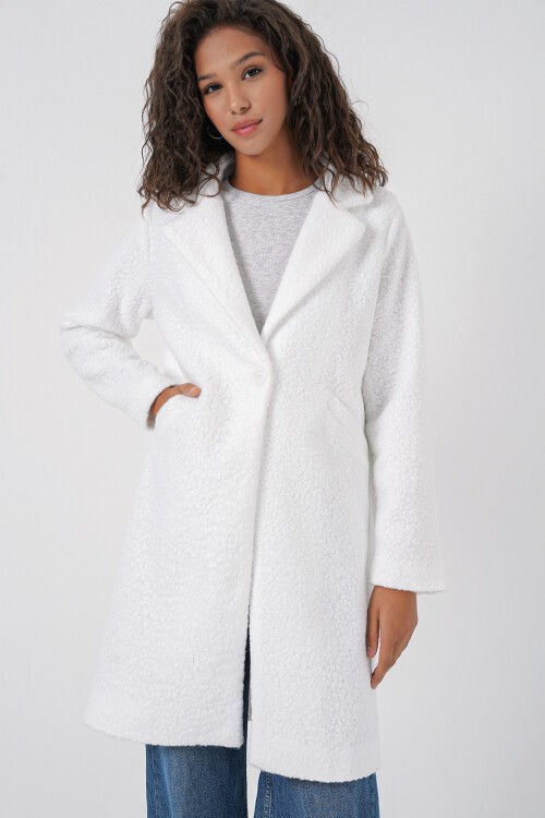 Merterium 9082 Oversize Kaşe Kaban - Beyaz