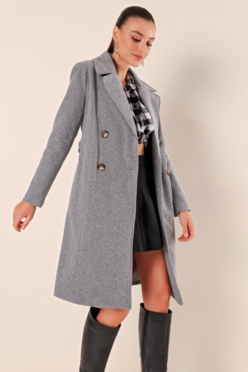 Merterium 9095 Kruvaze Yaka Kaşe Kaban - A.Gri