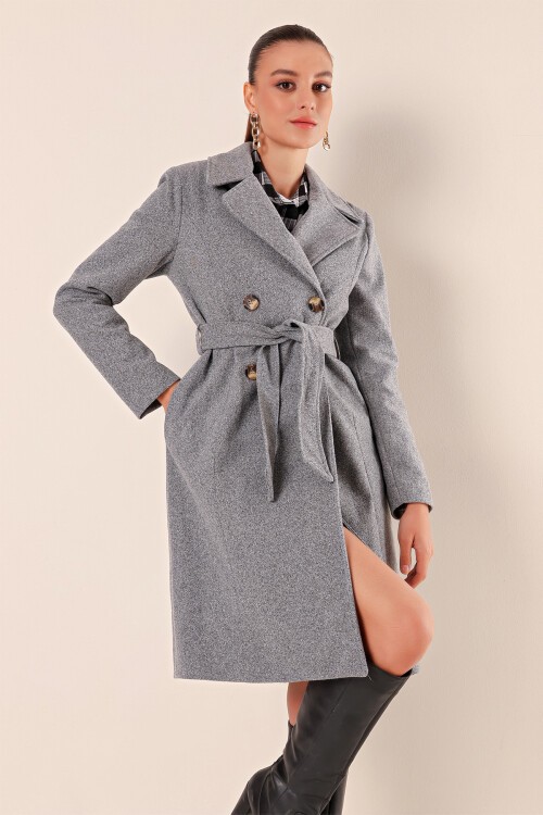 Merterium 9095 Kruvaze Yaka Kaşe Kaban - A.Gri