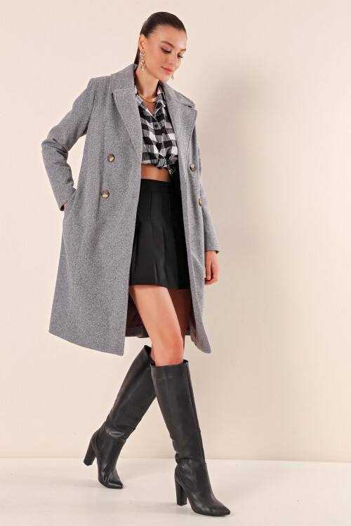 Merterium 9095 Kruvaze Yaka Kaşe Kaban - A.Gri