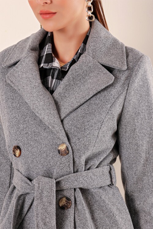 Merterium 9095 Kruvaze Yaka Kaşe Kaban - A.Gri