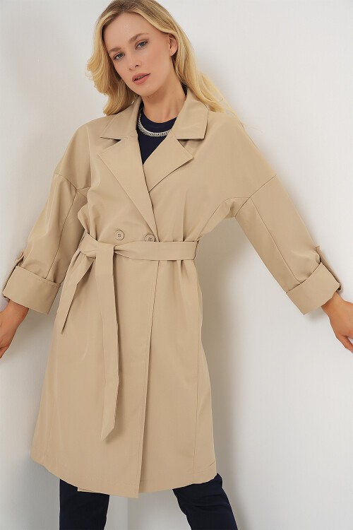 Merterium 9104 Kruvaze Yaka Astarlı Trençkot - Bej